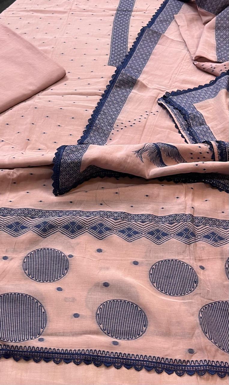 Jamdani Mul Chanderi Unstitched Suit with Inner - KAANTAMM