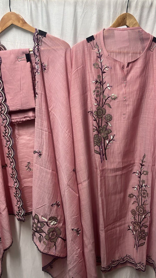 Pure Banarasi Mul Chanderi Unstitched Suit with Patchwork Embroidery - KAANTAMM